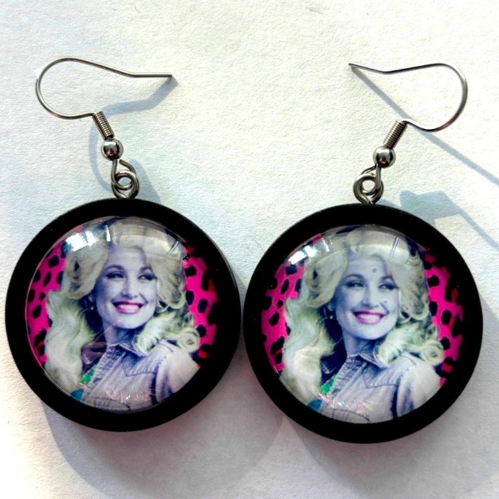 Dolly Parton Chunky Wood Earrings, NWT